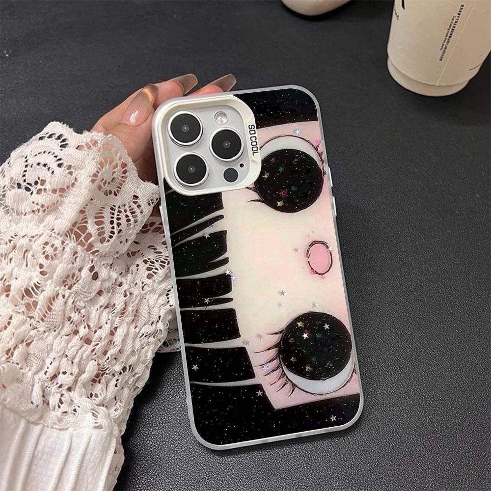 Kawaii Cute Black Big Eyes Cool Colored Silver frosted For iPhone Phone Case 17 16 15 14 13 12 11 Pro Max XR Plus Shockproof