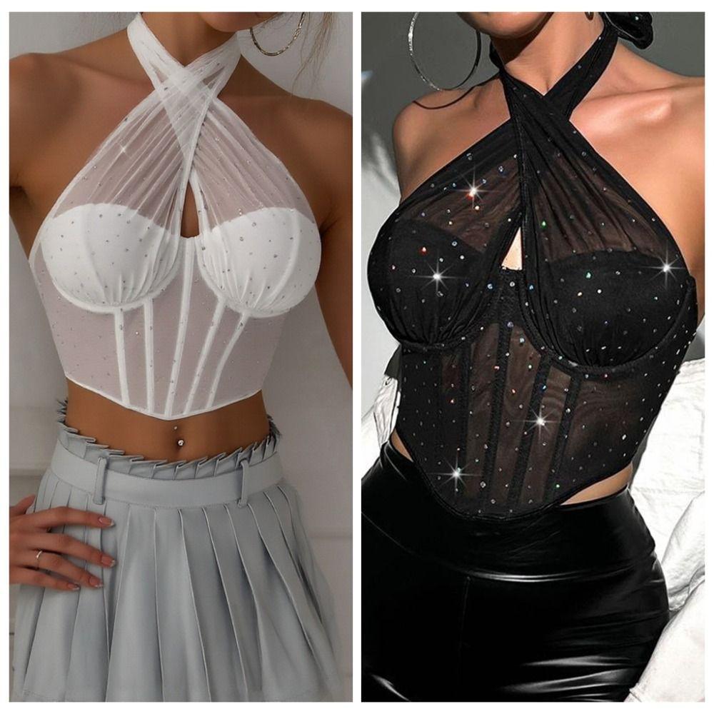 Slim Fit Rhinestone Corset Sleeveless Neck Halter Crop Top Elegant Mesh Crystal Camisole  Party