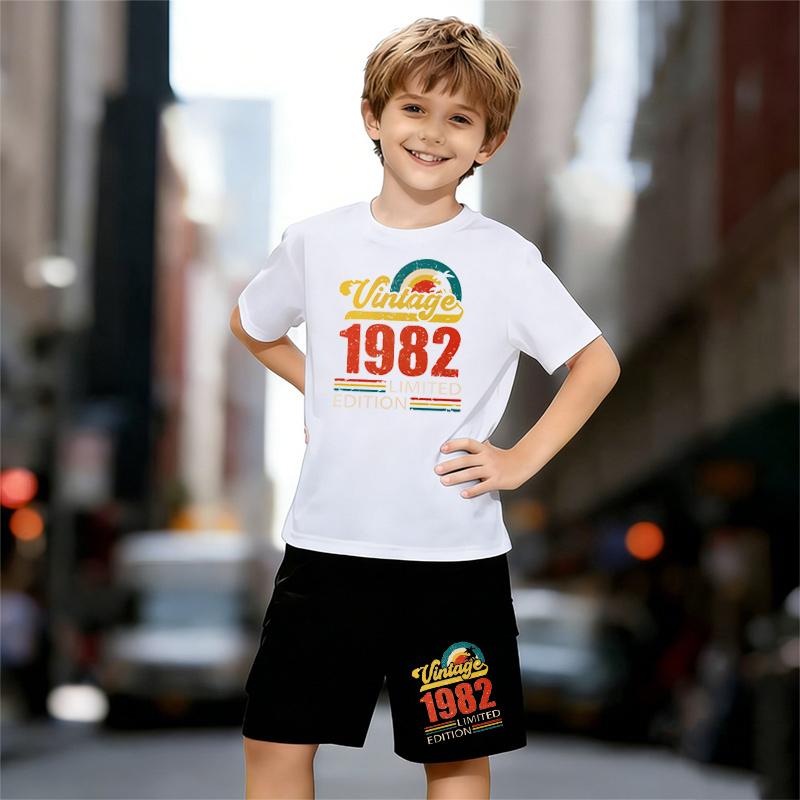 

Boys 2 Piece Cartoon letter print Outfit, Short Sleeve T-Shirt and Shorts Set for Kids Age 5-14, Black and White Sporty Casual Summer Clothes 13-14 Years білий