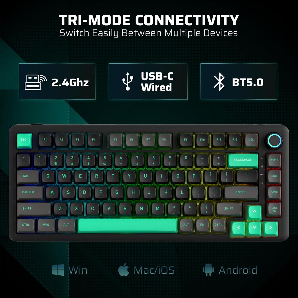LTC Nimbleback NB832 Garnitură fără fir Tastatură mecanică RGB pentru jocuri cu software și comutatoare liniare personalizate Tastatură 75%, BT5.0/2.4G/USB-C tri-mode