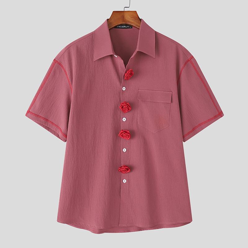 

INCERUN S-XXXXXL Short Sleeved Shirt Men Lapel Flowers Casual Loose Tops L розовый