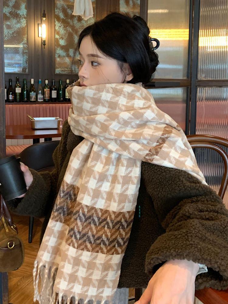 Knitted Retro Scarf Headscarf Winter Women Men Houndstooth Tassel Warm Scarve Pashmina Mujer Femme Male Thick Wrap Shawl Unisex