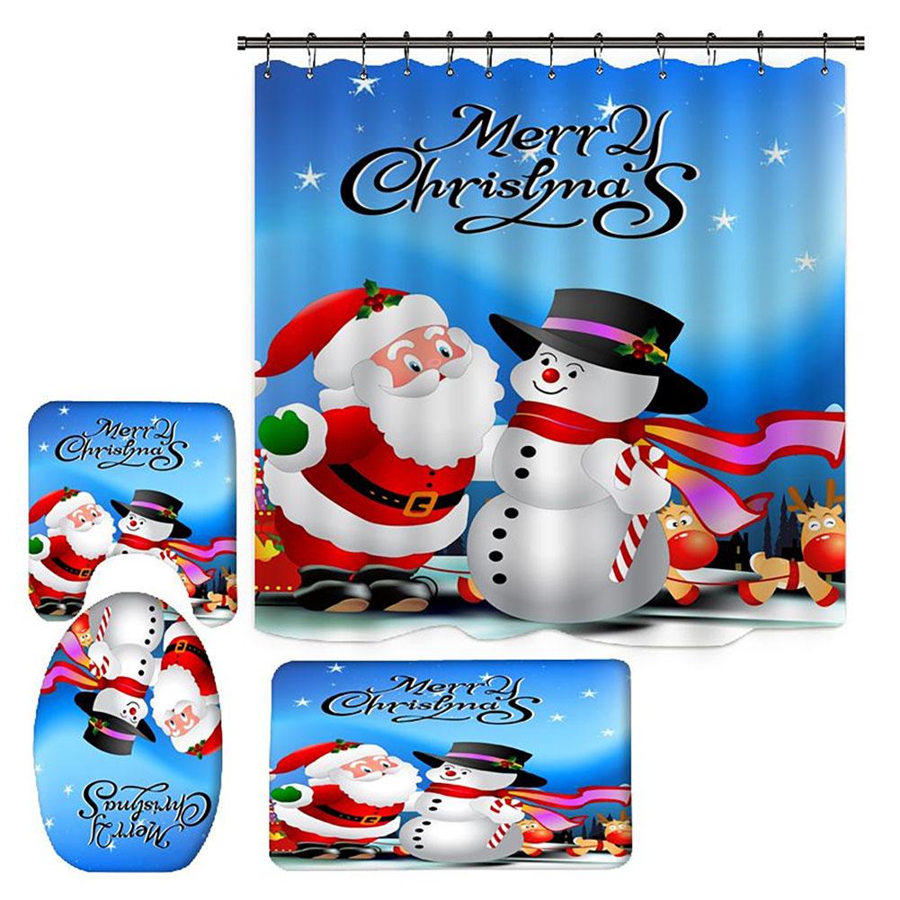 Merry Christmas Bathroom 4Pcs Set Snowman Santa Claus Pattern Waterproof Shower Curtain Toilet Cover Mat Non Slip Rug Home Decor