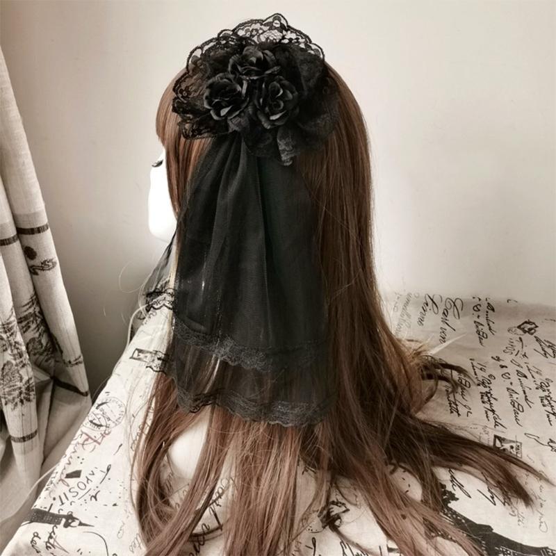 Lolita Gothic Headdress Lace Veil Headwear Rose Side Clip Barrette Halloween Cosplay Accessories Party Headpiece