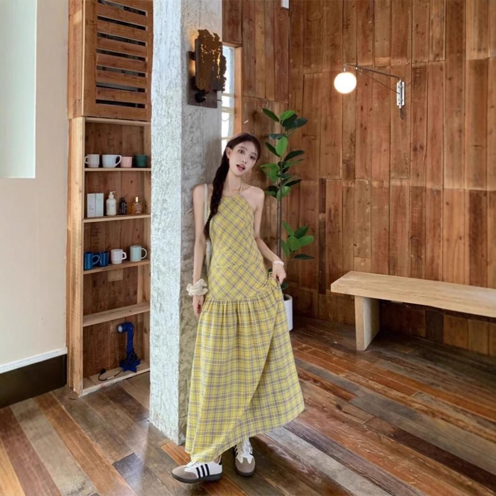 Neck Skirt Dress Women's Summer New Suspender Skirt Yellow Plaid Waist Backless Vacation Dress