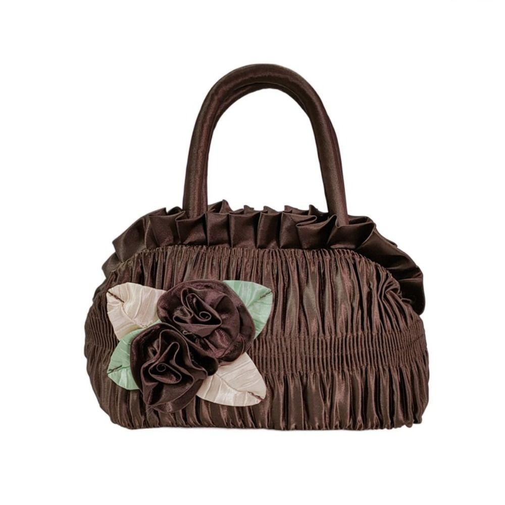 Leaf Hanfu Rose Flower Handbag Satin Silk Bubble Zipper Flower Tote Bag Cosmetic Makeup Bag Mommy Bag Ethnic Style Wrist Bag