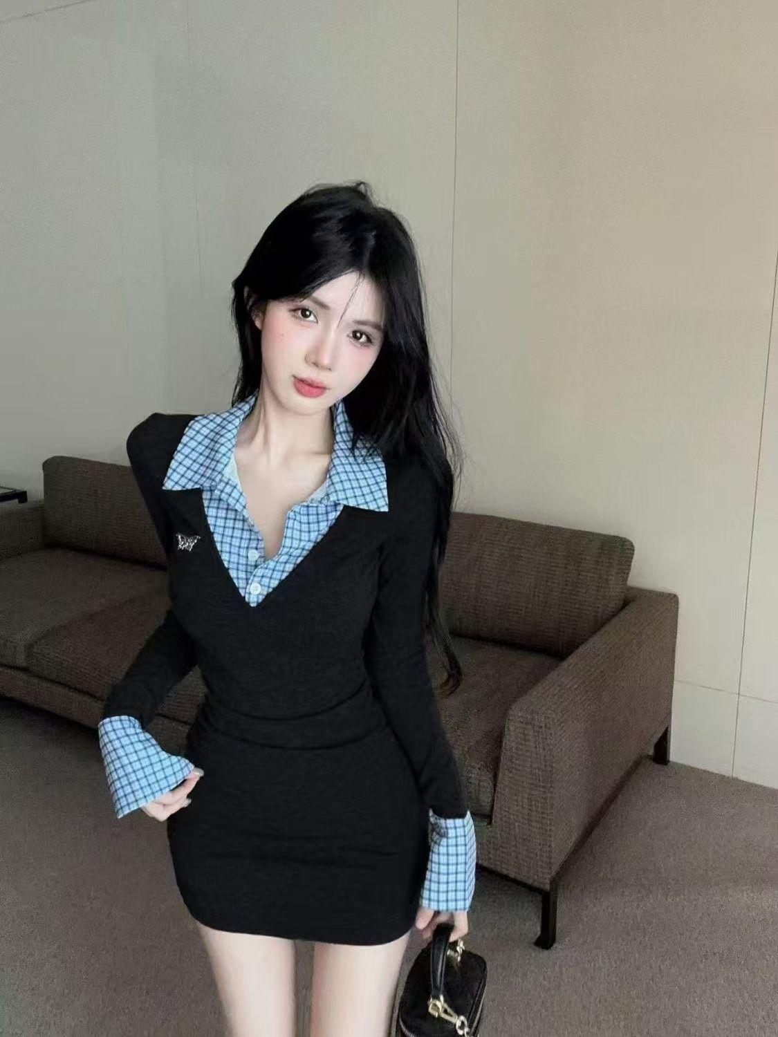 

American Spice Girl niche fake two-piece gray knitted dress women s autumn temperament inner slim-fitting hip-wrapped short skirt XL чорний