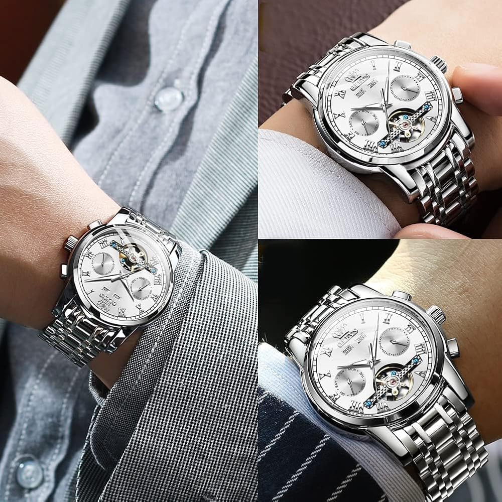 OLEVS Automatic Mechanical Watch Men's Luxury Stainless Steel Multi-Calendar Waterproof Luminous Silver