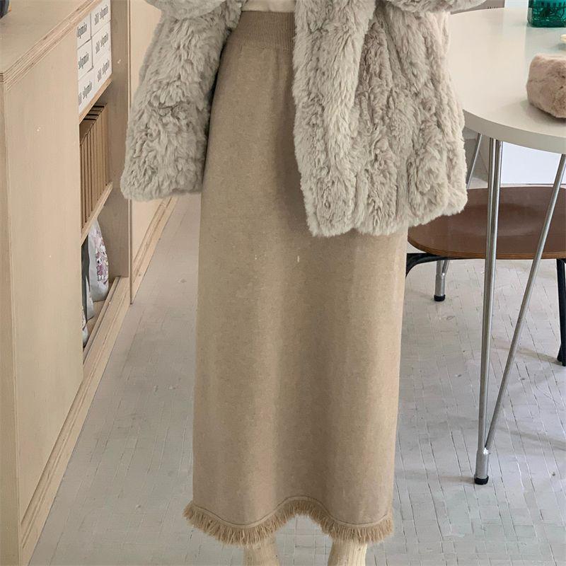 Tassel Knit Over-Knee High Waist Slim Wool Skirt with Matching Sweater