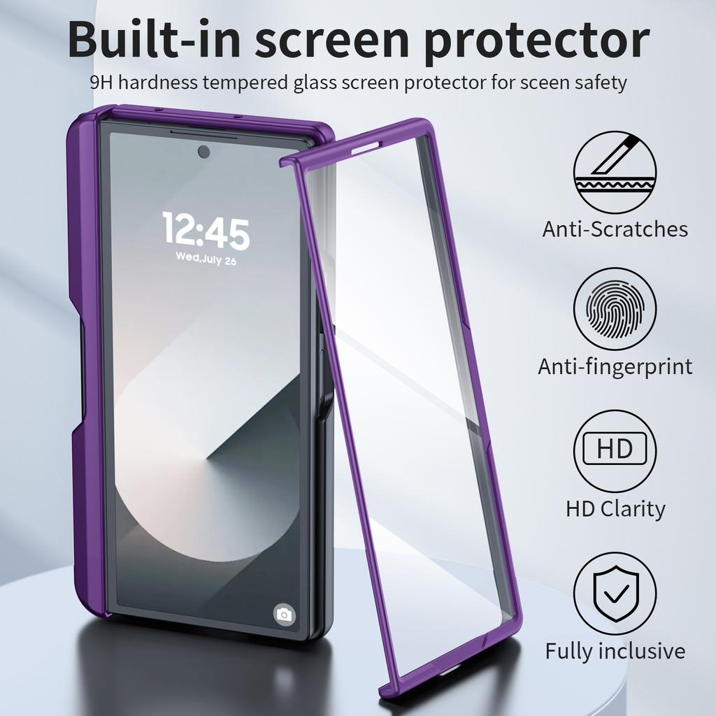 For Samsung Galaxy Z Fold 6 Phone Case With S Pen Holder, Hidden Stand, Screen Protector, Sturdy Shockproof Protective Case-Purple