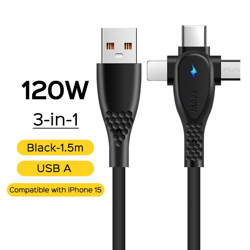 

Зарядный кабель VAORLO 3 в 1, супер зарядное устройство 120 Вт, USB/Type-C к Micro/Type-C/IOS, совместимый с iphone 15, кабель для передачи данных, линия быстрой зарядки USB Plug чёрный