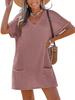 Women V Neck Short Sleeve Waffle Knit Dress Casual Loose Pocket Mini Sundress Solid Color Summer Beach Dress