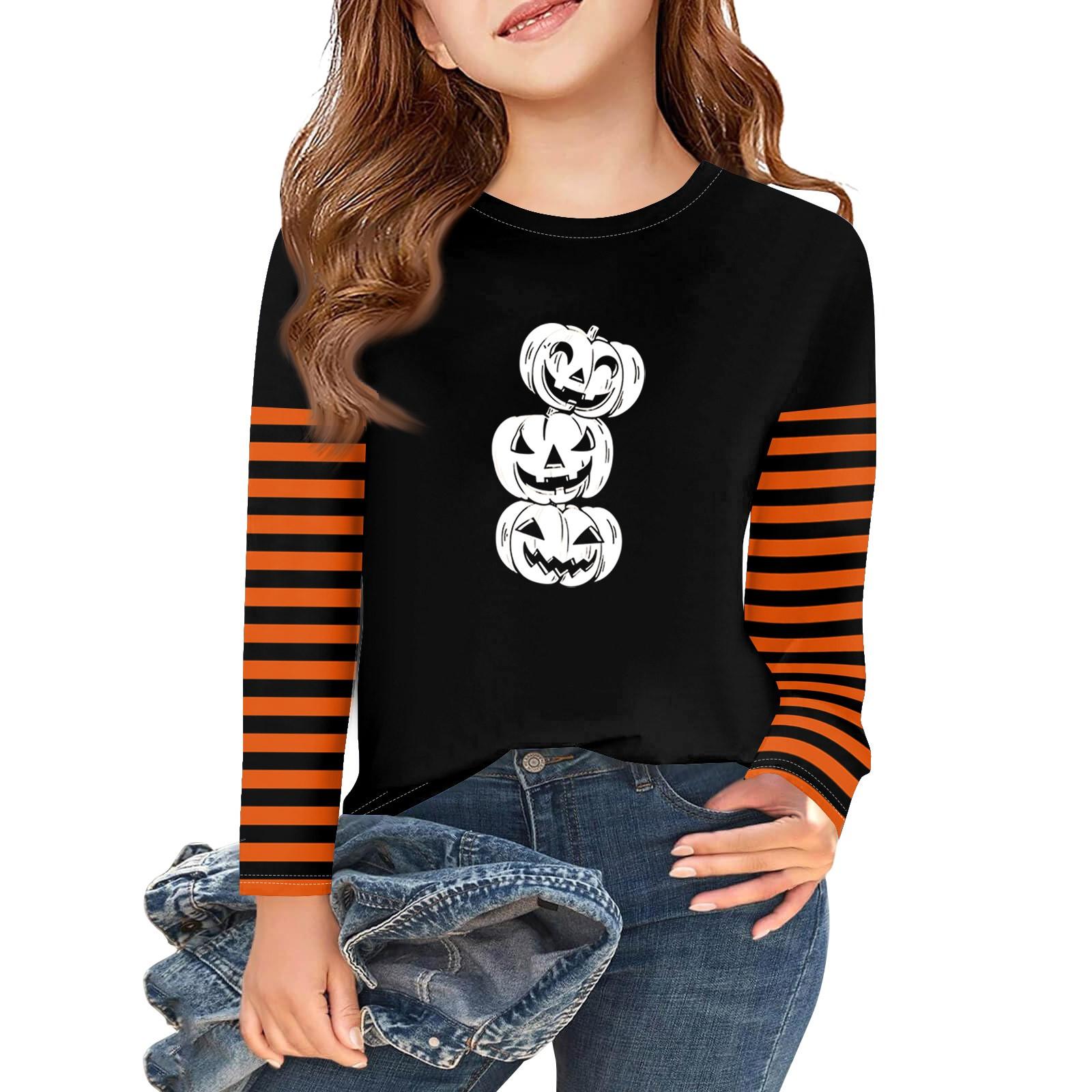 

Футболки с длинным рукавом для девочек на Хэллоуин, детские осенние топы с круглым вырезом, базовые футболки 2-11 лет 160 белый