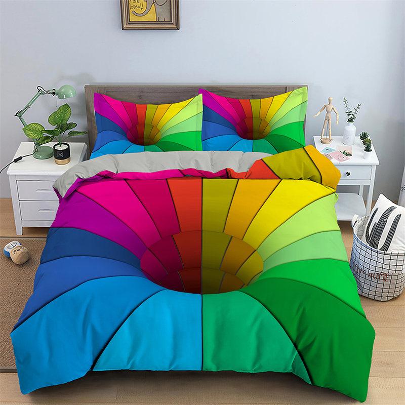 Rainbow Lines Psychedelic Duvet Cover Abstract Geometric Bedding Set For Girls Teen Microfiber Twin Full Queen King Quilt Cover