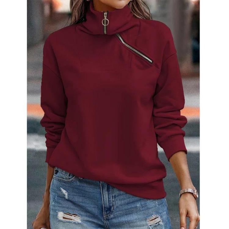 Fashion Loose Sweatshirt Hoodie for Women Autumn Solid Color High Neck Zipper Hooded Top