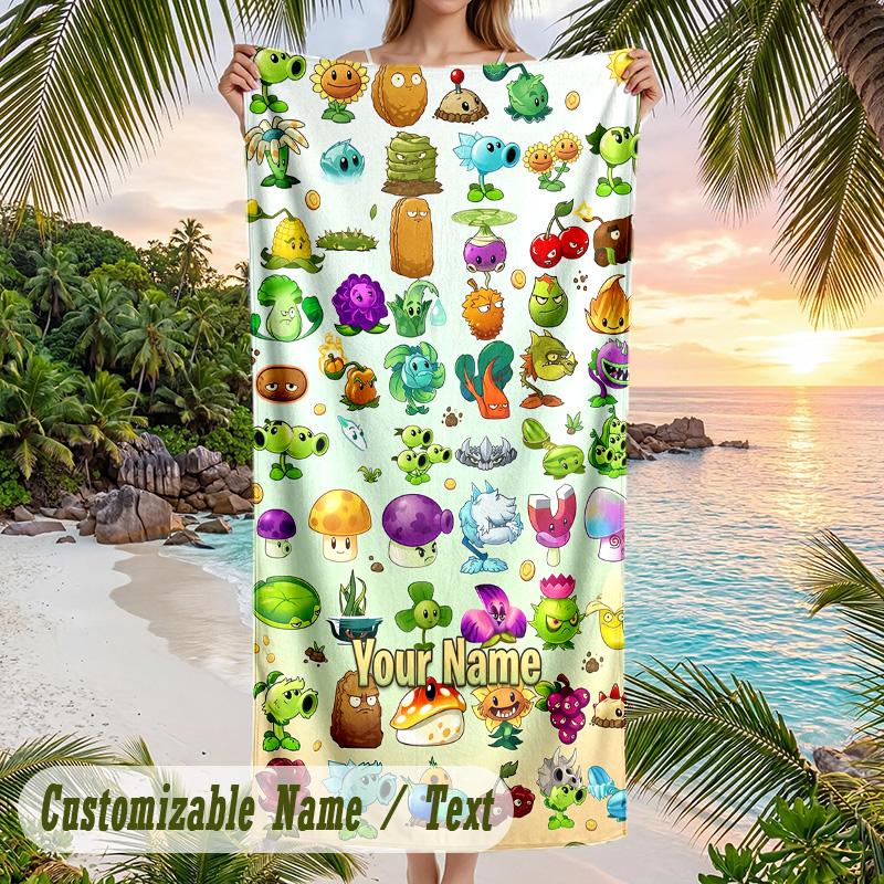 Plants Vs. Zombies Beach Towel, Personalized Custom Text, Quick Dry Soft Large Towel For Swimming Pool Travel