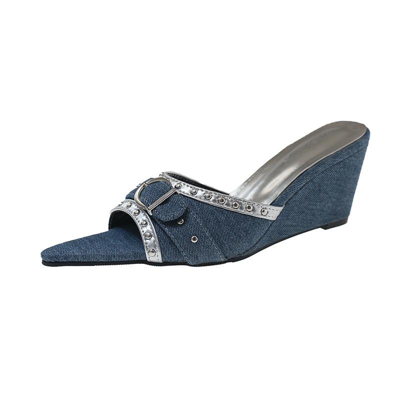 

Pointed-toe Shoes with A Headband, Women s Leather Belt Buckle, Wedge Heel, Anti-slip Flip-flops 42 синій
