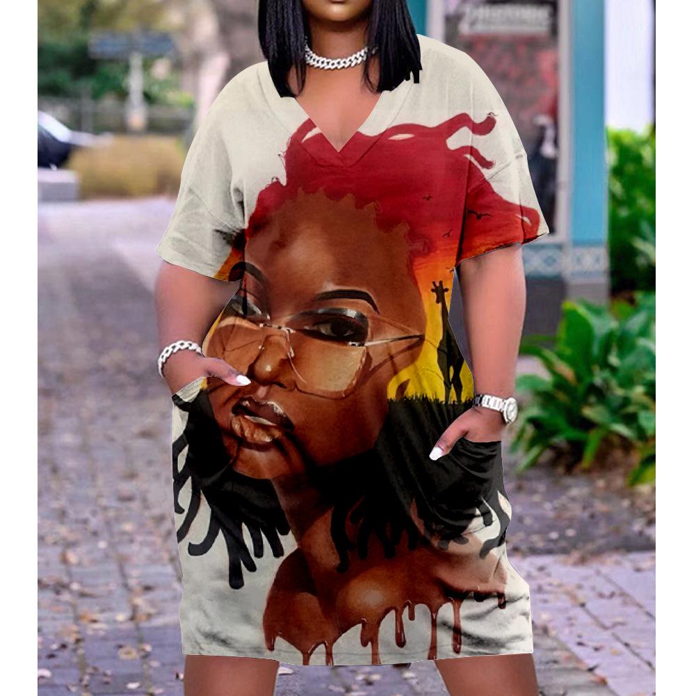 2026 digital printing cross-border temperament commuter skirt pullover V-neck dress