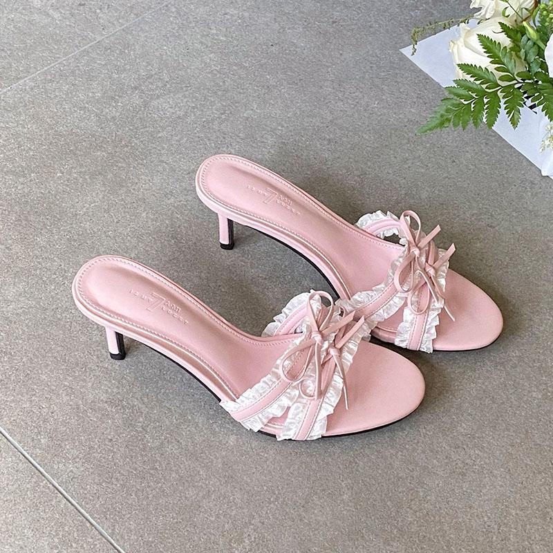 Mode Mode Schleife Damen High Heels Pantoletten Sandalen Schuhe Weiblich Runde Zehenpartie Schuhe mit Absatz Sandalen Slipper Schuhe für Frauen