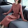 Vintage Basic Solid Color Knitted Midi Dress Autumn Winter Turn-down Collar Button Female Clothing Fashion Drawstring Dresses