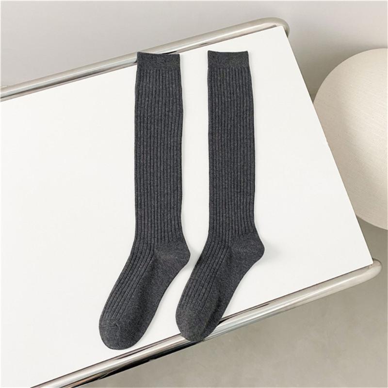 Women Ribbed Knitting Cotton Long Socks Autumn Winter Warm Fashion Solid Color Casual Breathable Knee High Stockings