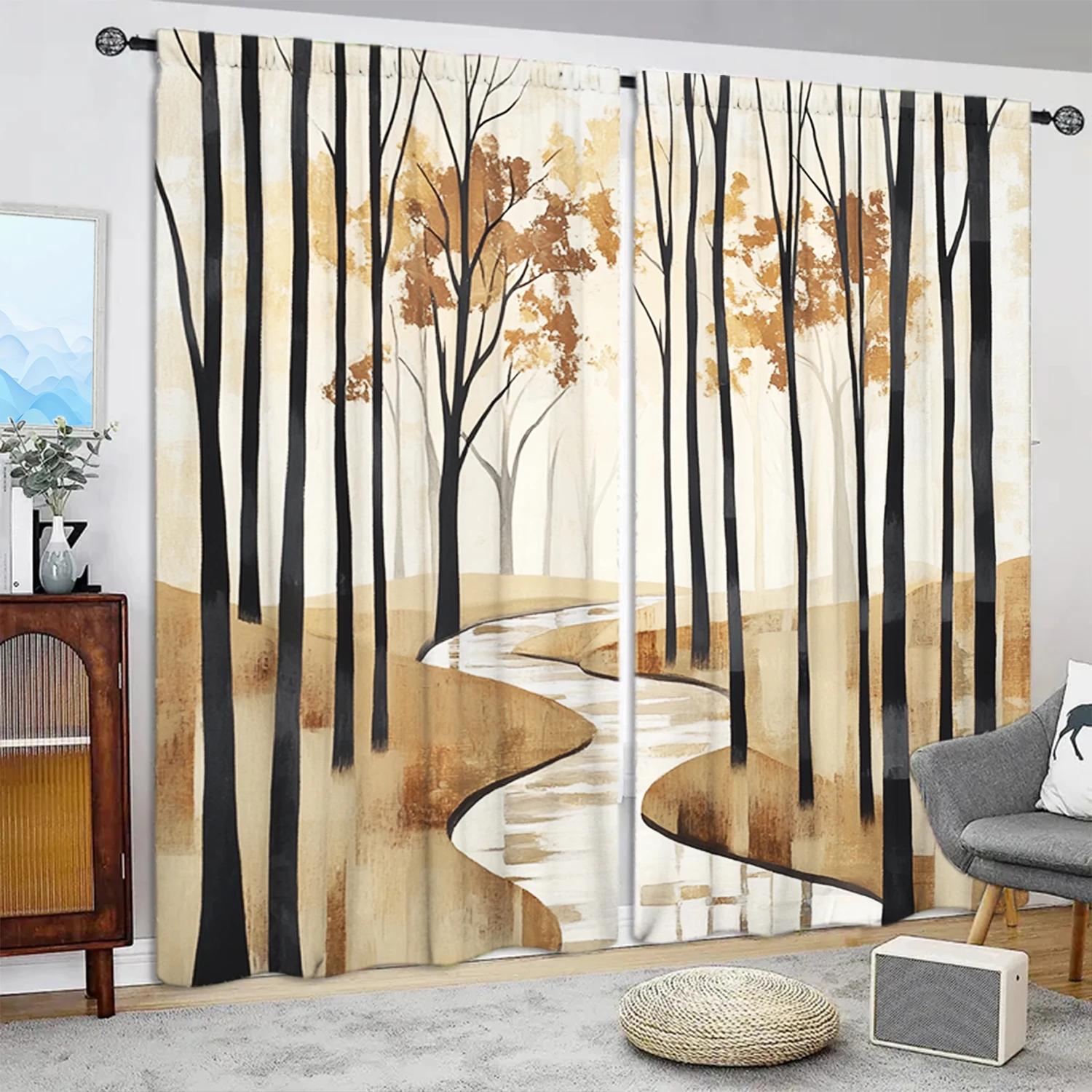 

Set Of 2 Style Watercolor Forest Printed Curtain Home Decor Window Treatment Bedroom Office Kitchen Nordic Curtains Made Polyester W100*H70(CM)-Hooks&2PCS