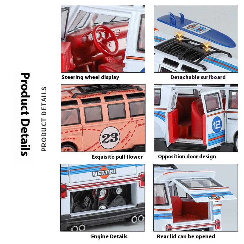 1/24 Volkswagen T1 Bus Gulf Oil Martini Low Ride Wide Body Modifiziert Legierung Metall Diecast Modellauto Sound & Licht Hobby Geschenke Junge