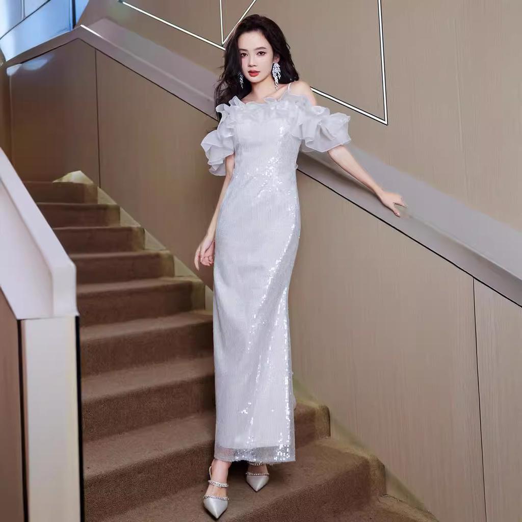 Sequined Evening Dress Skirt One-word Shoulder Fairy High-end Light Luxury Niche Host Banquet Adult Ceremony Dress