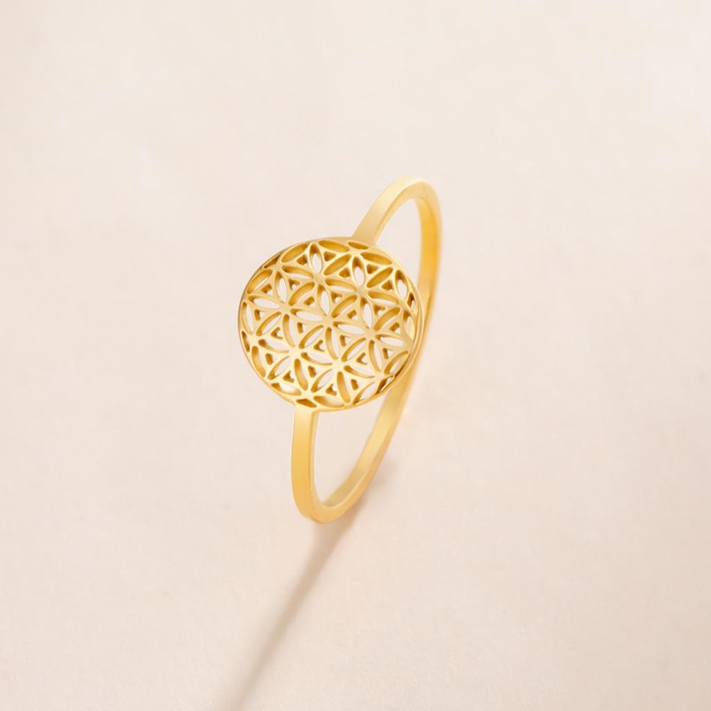 Sacred Geometric Flower of Life Ring Women Stainless Steel Gold Finger Rings Vintage Amulet Jewelry Gift