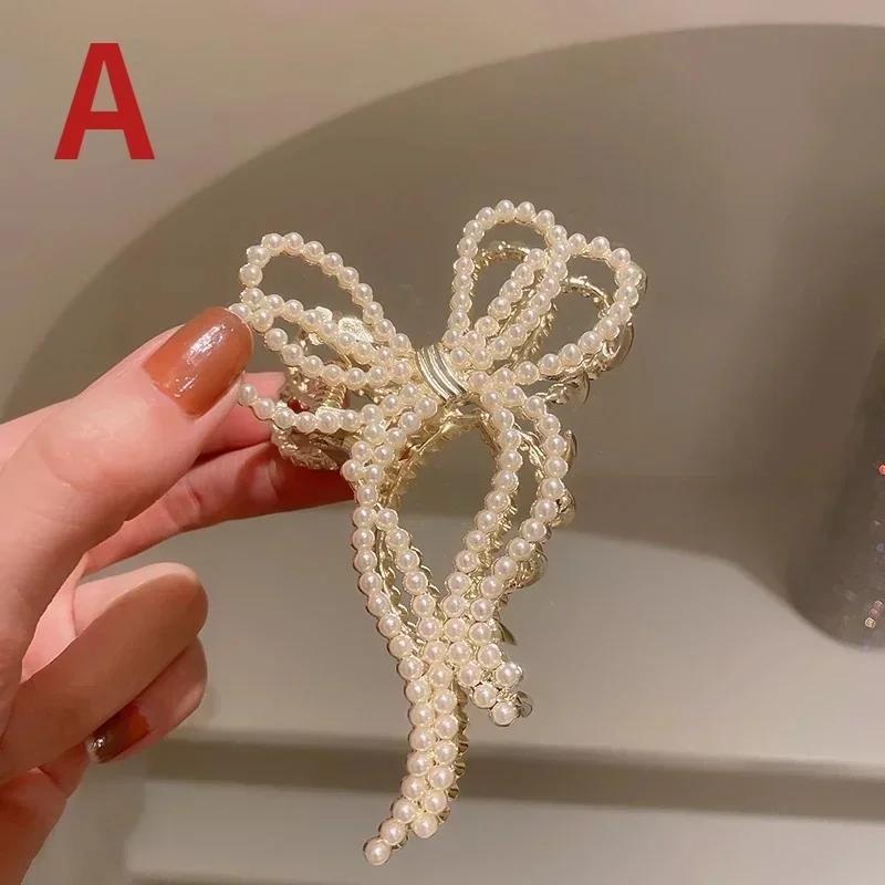 

Набор заколок для волос с жемчугом Зажим для женщин Жемчужные заколки-банты Металлические аксессуары для волос Геометрические полые щипцы Заколка-автомат Хрустальный зажим Большой LS A