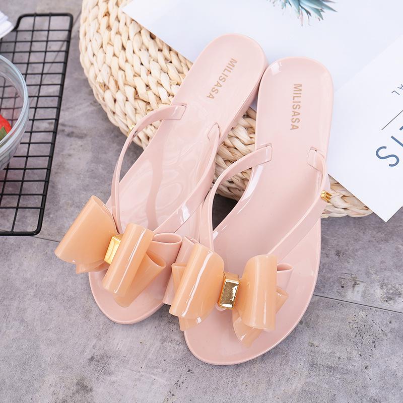 Sommer Damen Koreanische Edition Outdoor-Slipper mit Schleife und Fischgrätenmuster Flache Bottom-Slipper und Dicke Bottom-Slipper