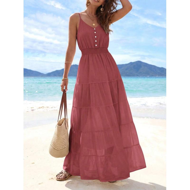 Europe, America 2026 Summer New Simple High Waist and Thin Casual Beach Vacation Suspender Dress
