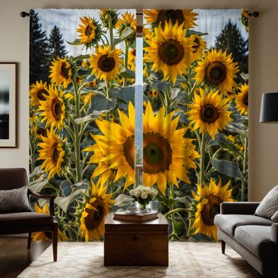 Set Of 2 Hd Sunflower Garden Curtain Yellow Tie Digital Printed Home Decoration Style Living Room Bedroom Thro Polyester Ideal For