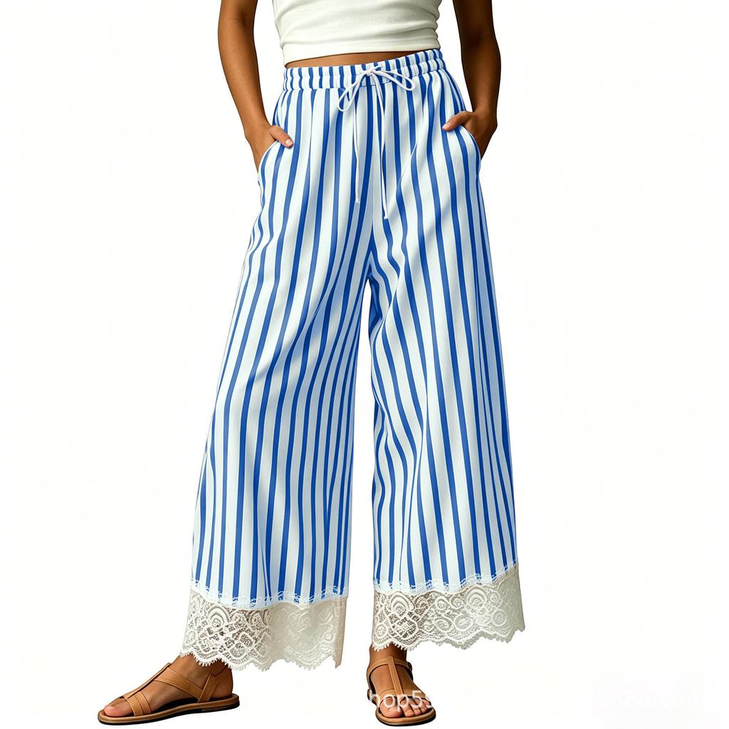 Women's Cotton Striped Wide Leg Pants, Length Loose Fit Casual Pull- with Elastic Waist and Lace Trim