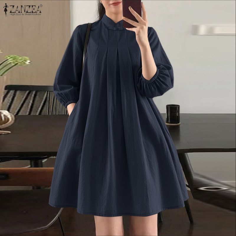 ZANZEA Rochie de vară casual pentru femei, cu guler drept, lejeră, în linie A, cu mânecă 3/4
