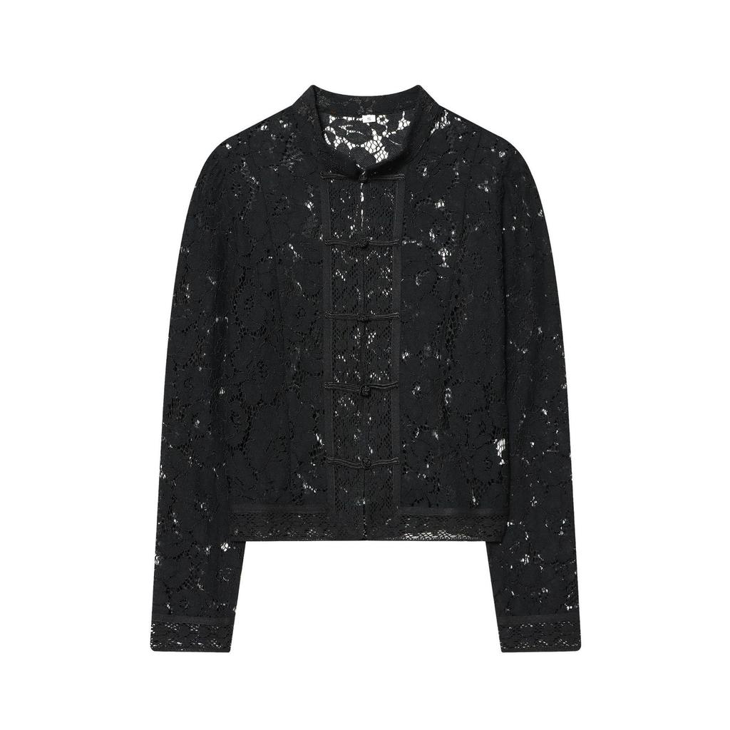 Elegant French Design Women's Lace Crochet Blouse with Stand Collar and Frog Button Detailing