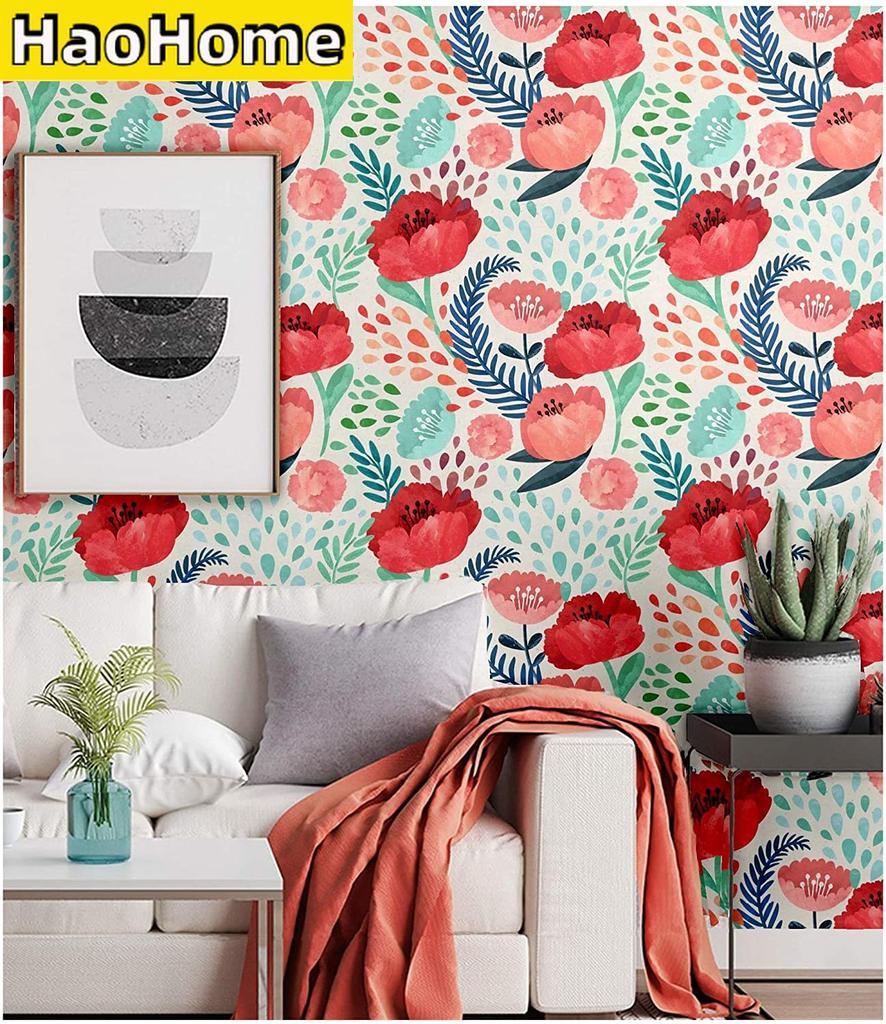 Red Floral Peel and Stick Wallpaper Green Leaves Self-Adhesive Prepasted Wallpaper Waterproof Removable Contact Paper for Decor
