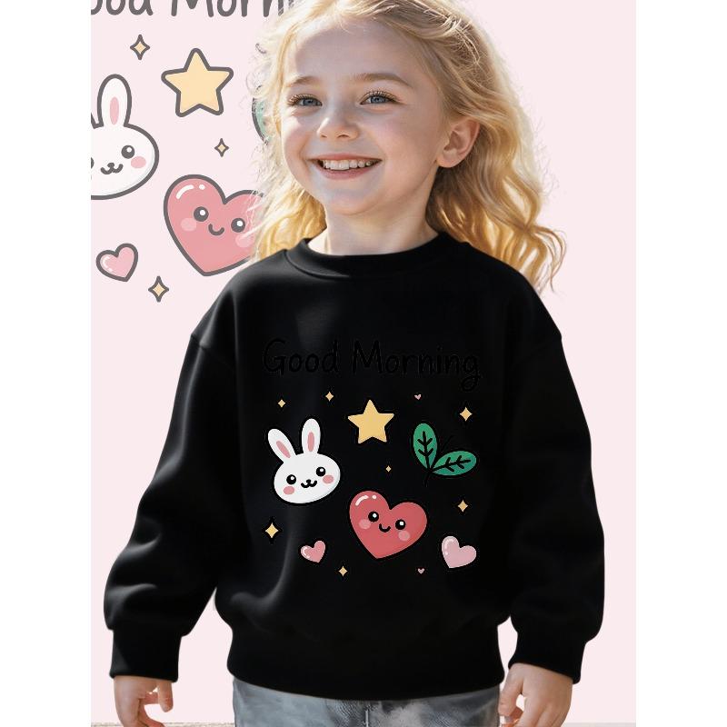 Kids Crewneck Sweatshirt, Cute Good Morning Bunny Hearts Stars Leaves Graphic Print