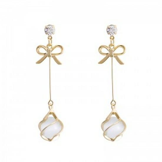 Korean Style S925 Silver Bow Earrings with Cat's Eye Stone Pendant and Tassel