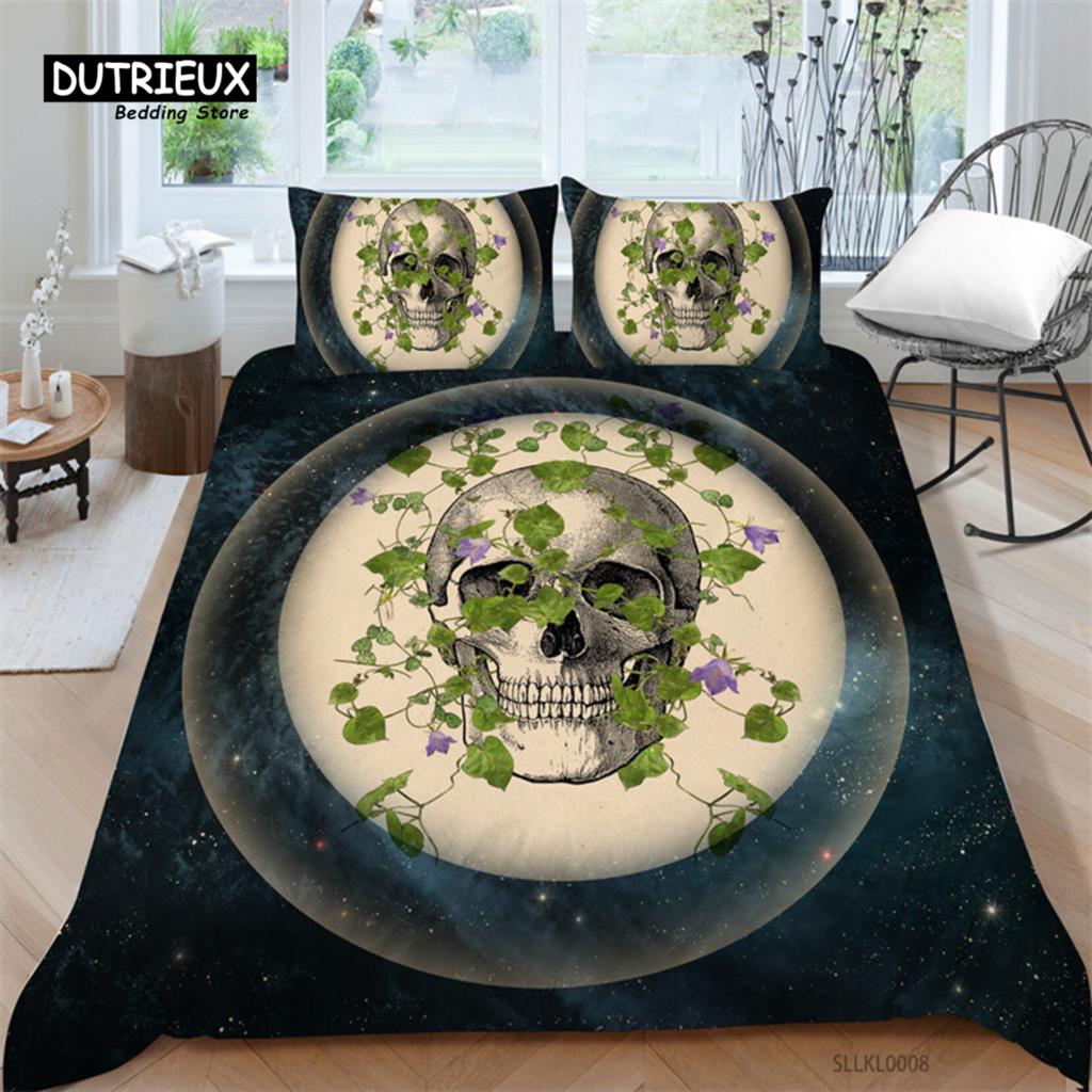 Sugar Skull Duvet Cover Gothic Skull Skeleton Bedding Set Horror Theme Comforter Cover Full King For Teens Adults Bedroom Decor