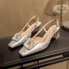 French Bag Head Sandals Women's Summer Square Head Rear Empty Single Shoes 2025 New Silver One-word Buckle with Thick Heels High Heels
