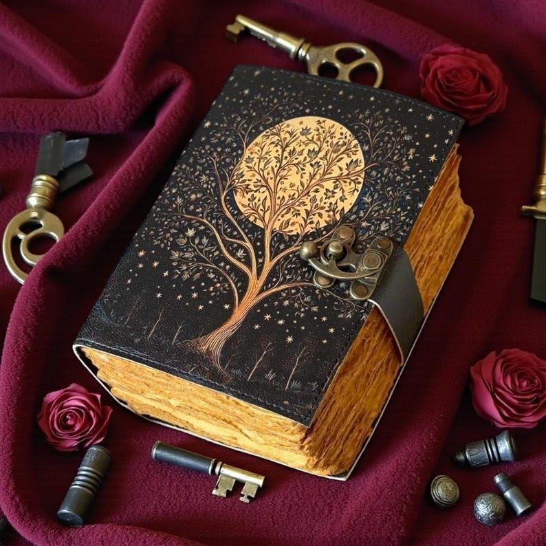 

Tree of Life Book of Shadows, Moon Tree Leather Grimoire, Wiccan Pagan Witchcraft Journal, Celestial Spellbook with Deckle Paper 7 x 5 inch / 100 PAGE