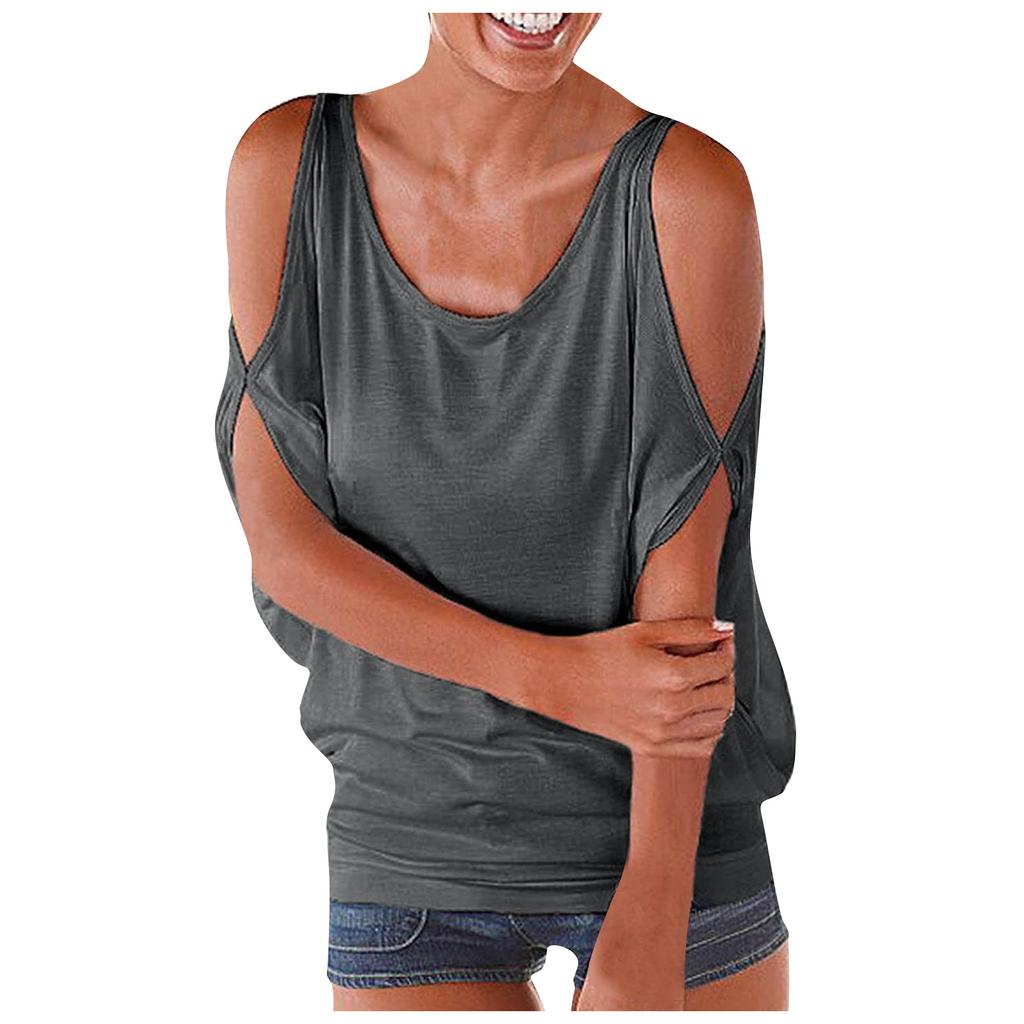 Women's Fashion Solid Color Strapless  Sleeve Loose Hundred Casual T-shirt