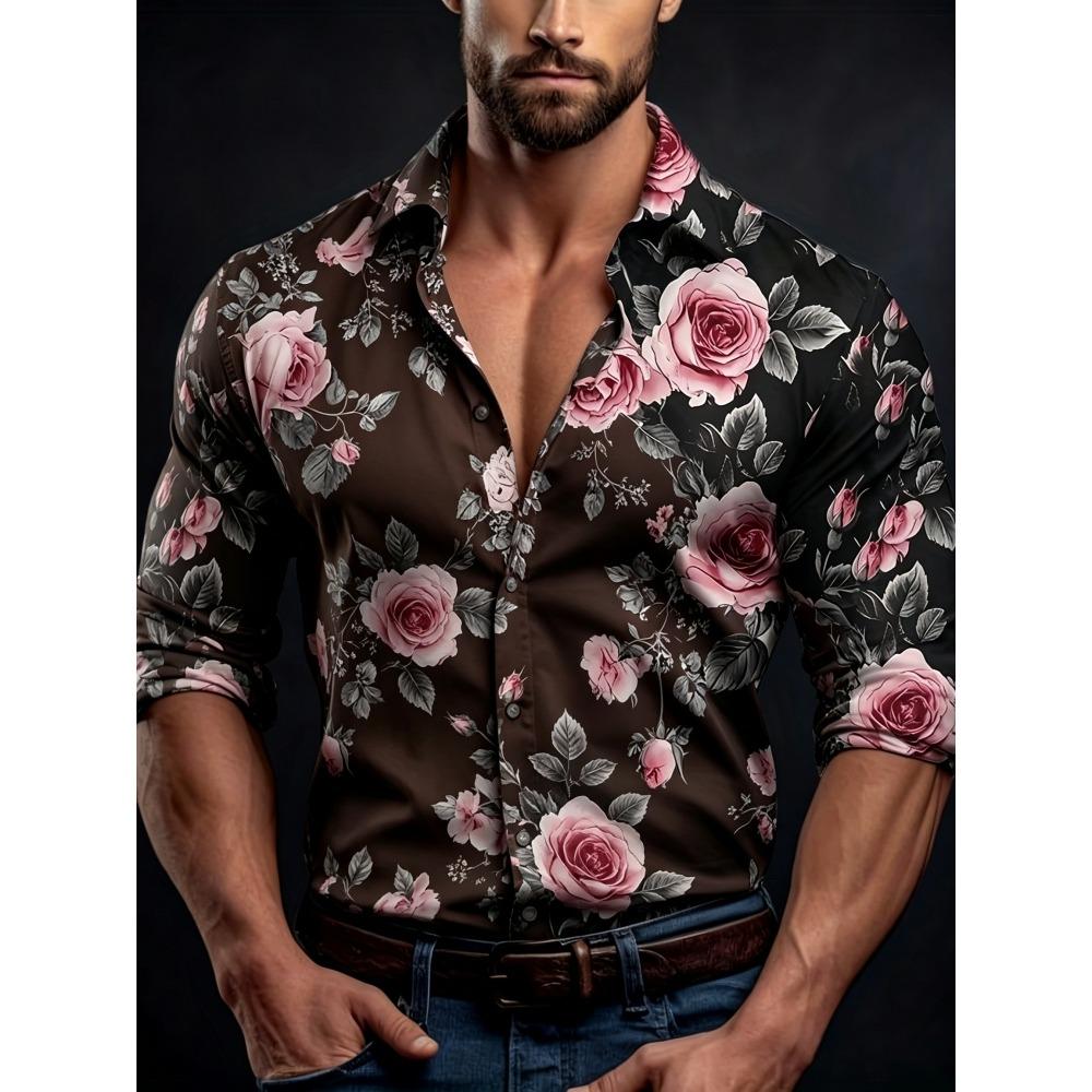 Men's Contrasting Rose Print Long Sleeved Shirt with Slim Fit Collar Shirt for Vacation Parties and Street Fashion Tops