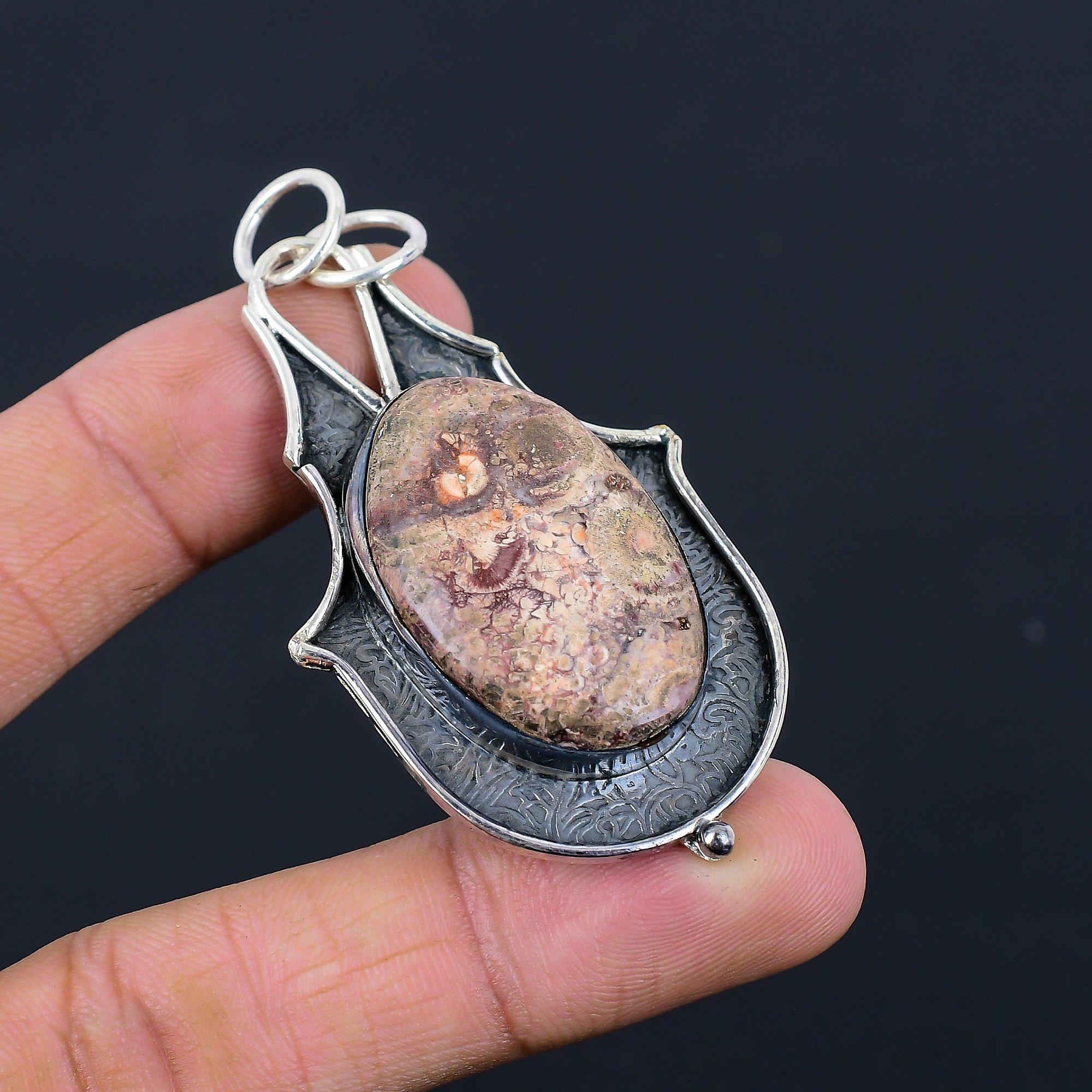 Oval Birds Eye Jasper Stone Sterling Silver Art Deco Artisan Handcrafted Pendant