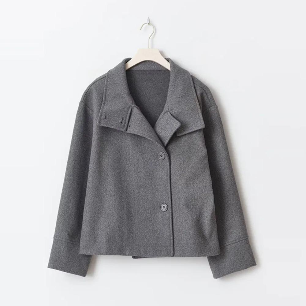 

Elegant Solid Woolen Coats Single Breasted Loose Stand Collar Commuting Jacket Long Sleeve Lady Street Short Outwear L