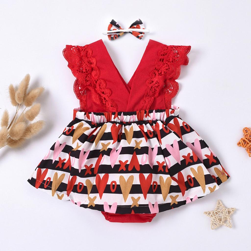 Valentine's Day Baby Kids Sleeveless Printed Romper jumpsuit+headband Set outfit