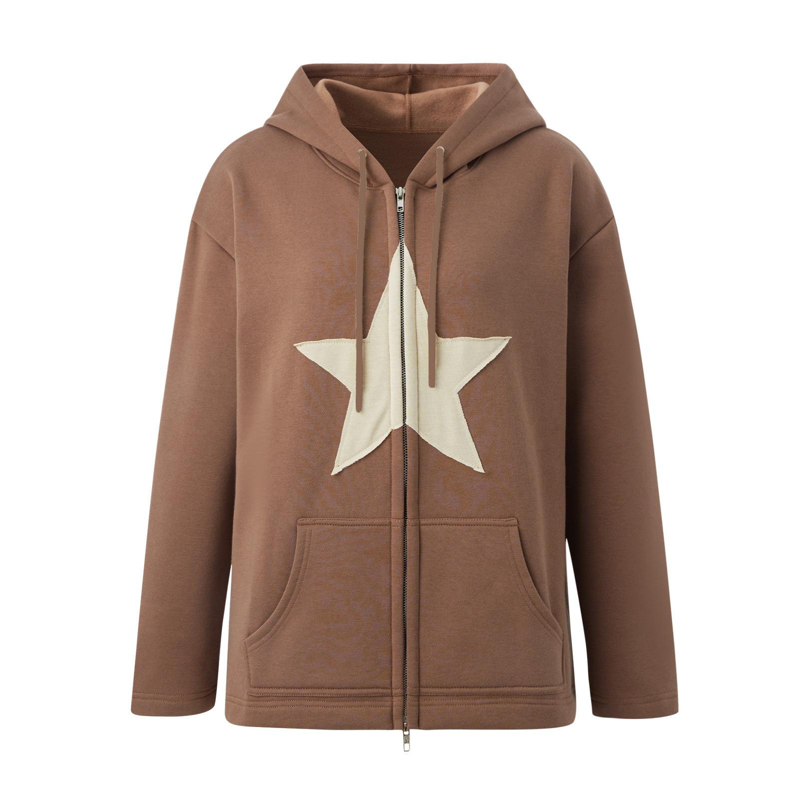 

Spring Autumn Women s Fashionable Star Print Long-sleeved Hooded Sweatshirt XXXL кавовий