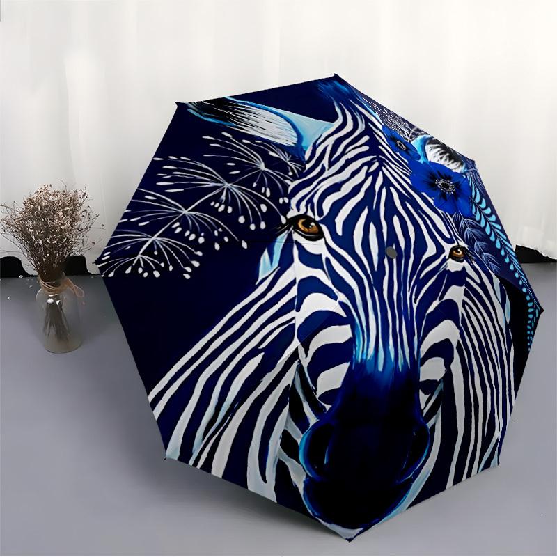 1pc Blue Zebra Floral Automatic Open/Close Umbrella 8-Rib Strong Frame, Portable Travel Umbrella for Women & Men, Birthday Gift Parties 014