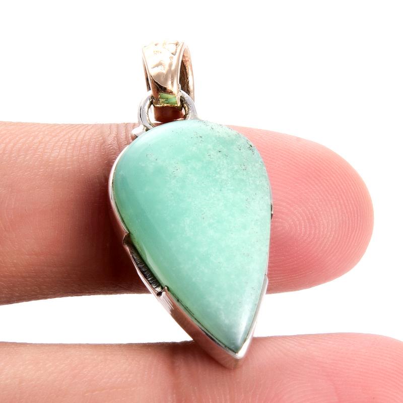 Naturalny Chryzopraz Kamień Szlachetny Srebro Próby 925 Dwukolorowa Zawieszka 1,3'' j7m37